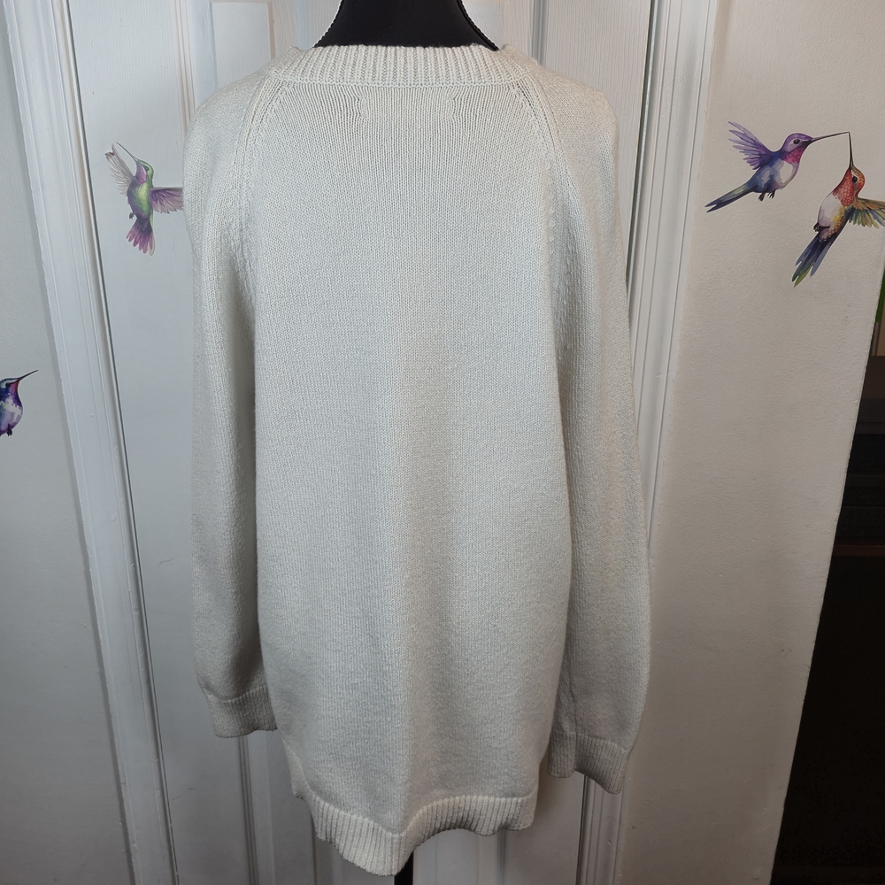 LOFT Alpaca Wool Blend Ribbed Pointelle Raglan Knit Sweater Cream Large - Picture 5 of 7